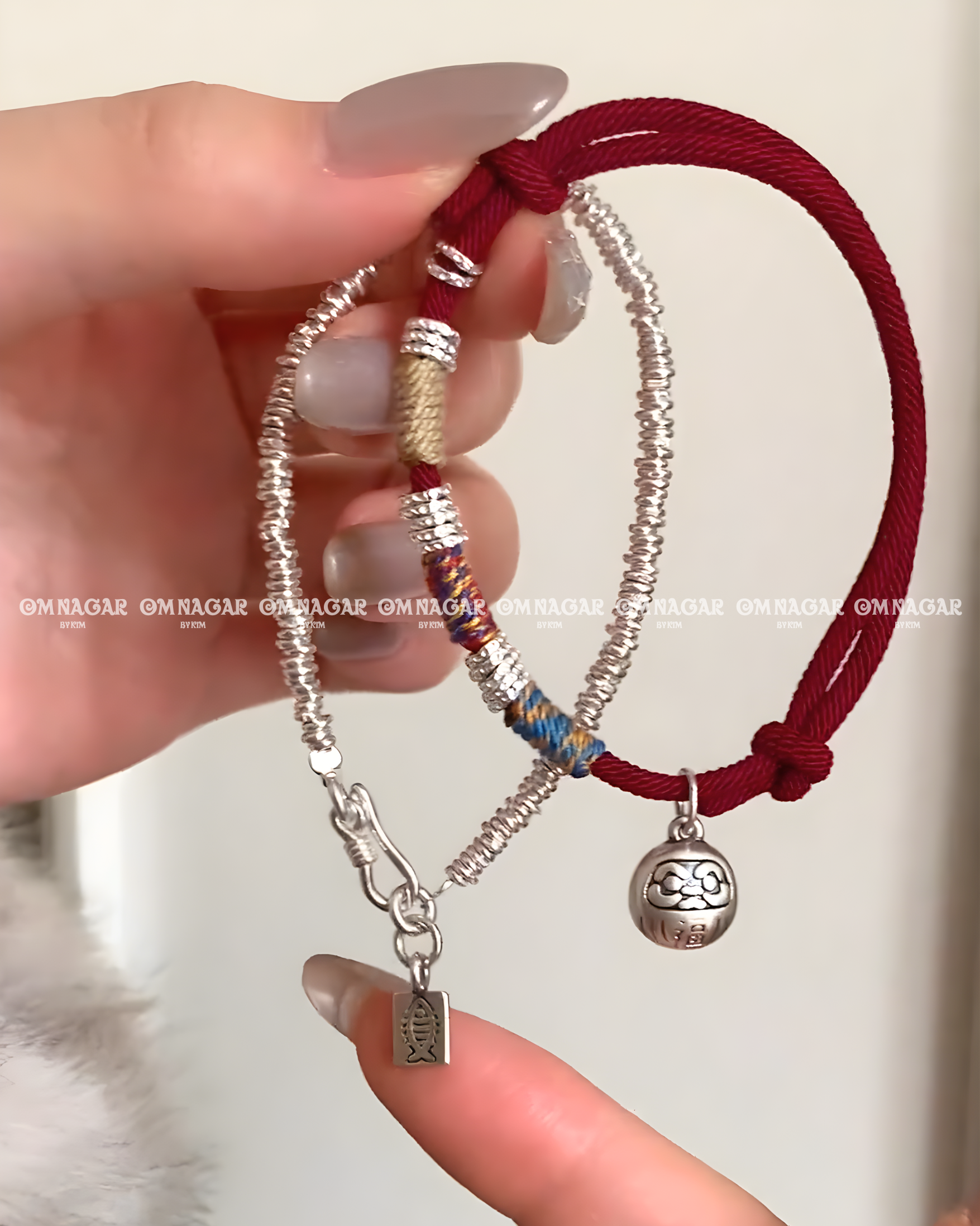 Five-Color Red String Daruma Bracelet (999 Silver) – Luck, Protection & Prosperity