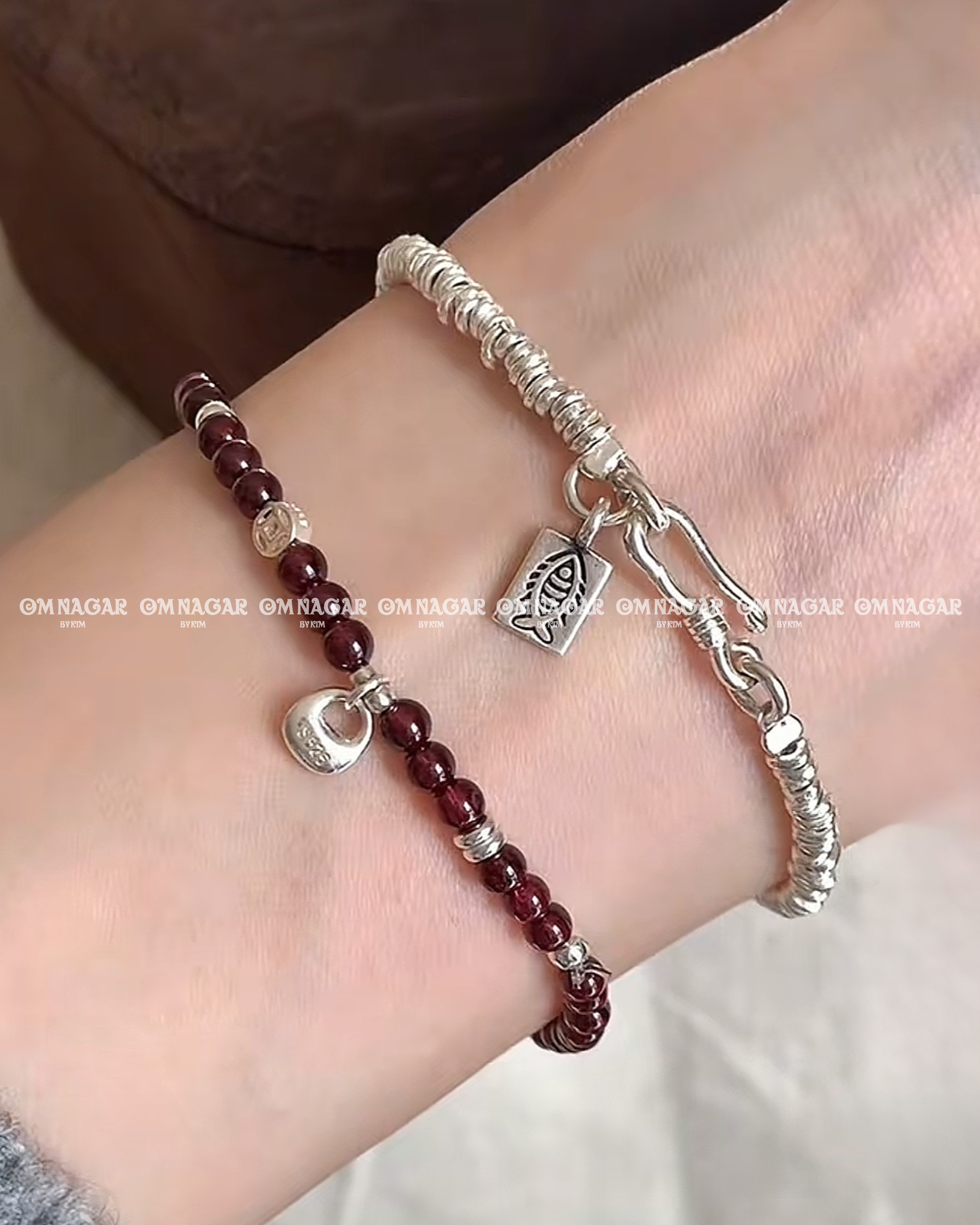 Red Garnet & Gold Coin Charm Bracelet – 925 Silver – Vitality & Protection