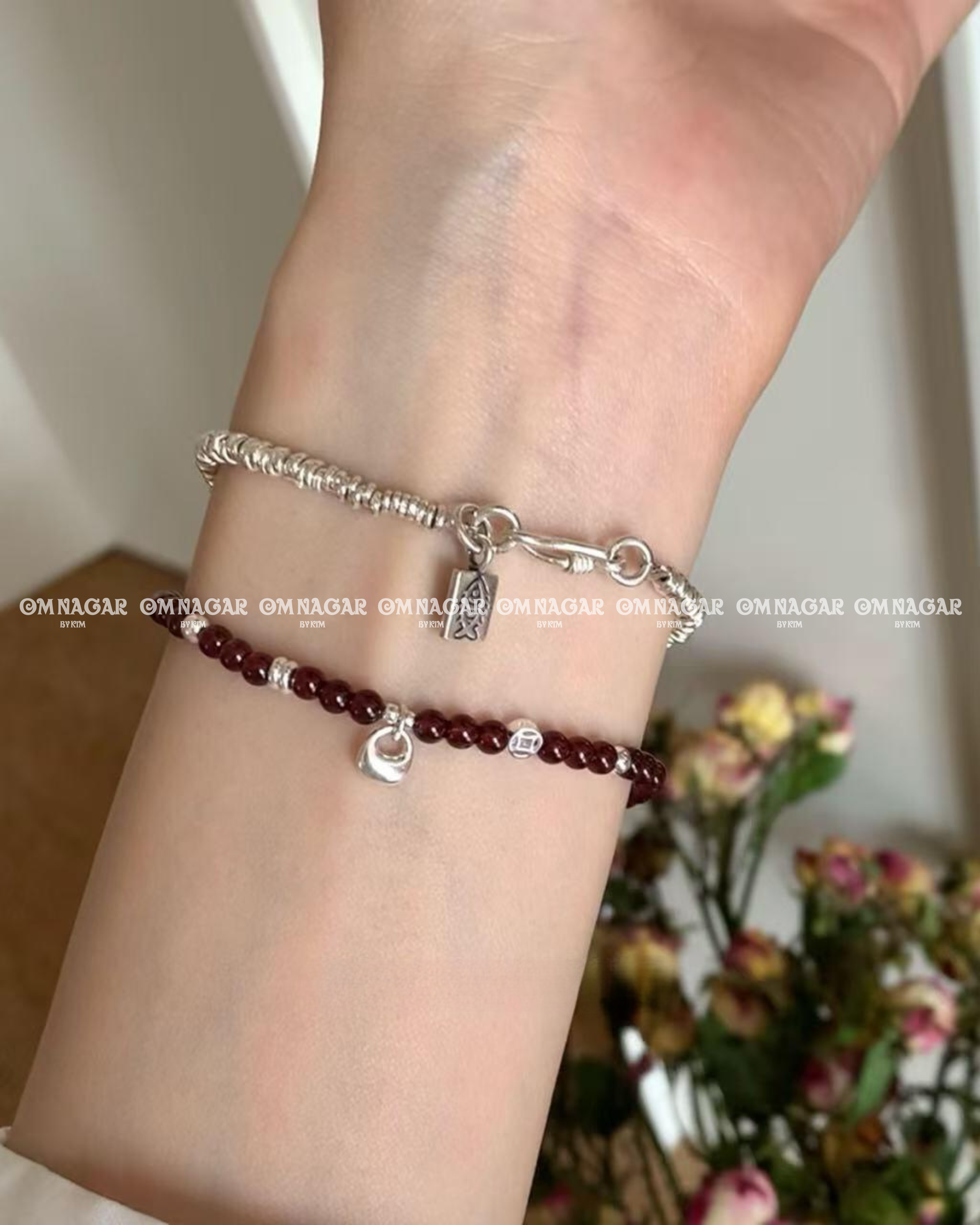 Red Garnet & Gold Coin Charm Bracelet – 925 Silver – Vitality & Protection