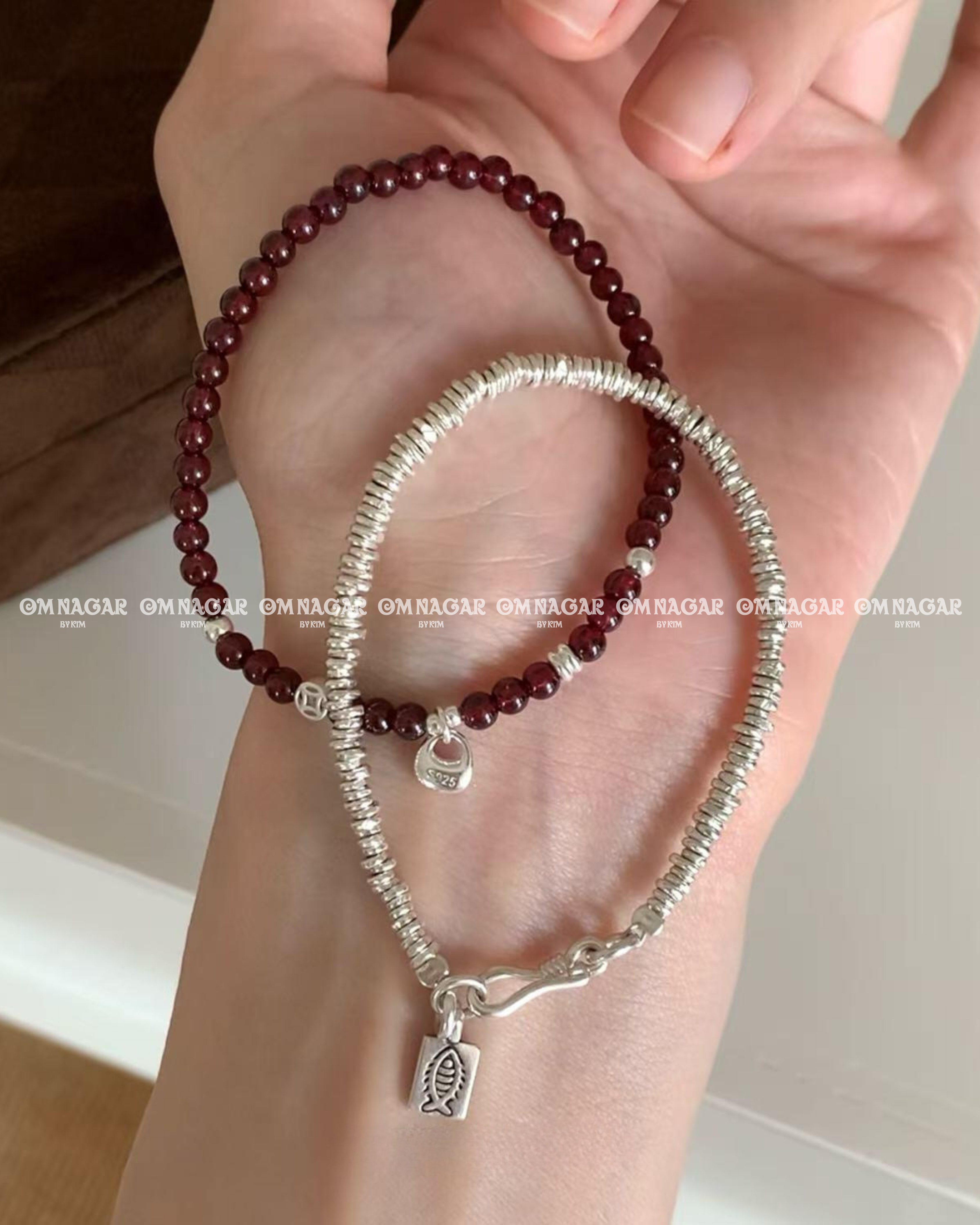 Red Garnet & Gold Coin Charm Bracelet – 925 Silver – Vitality & Protection