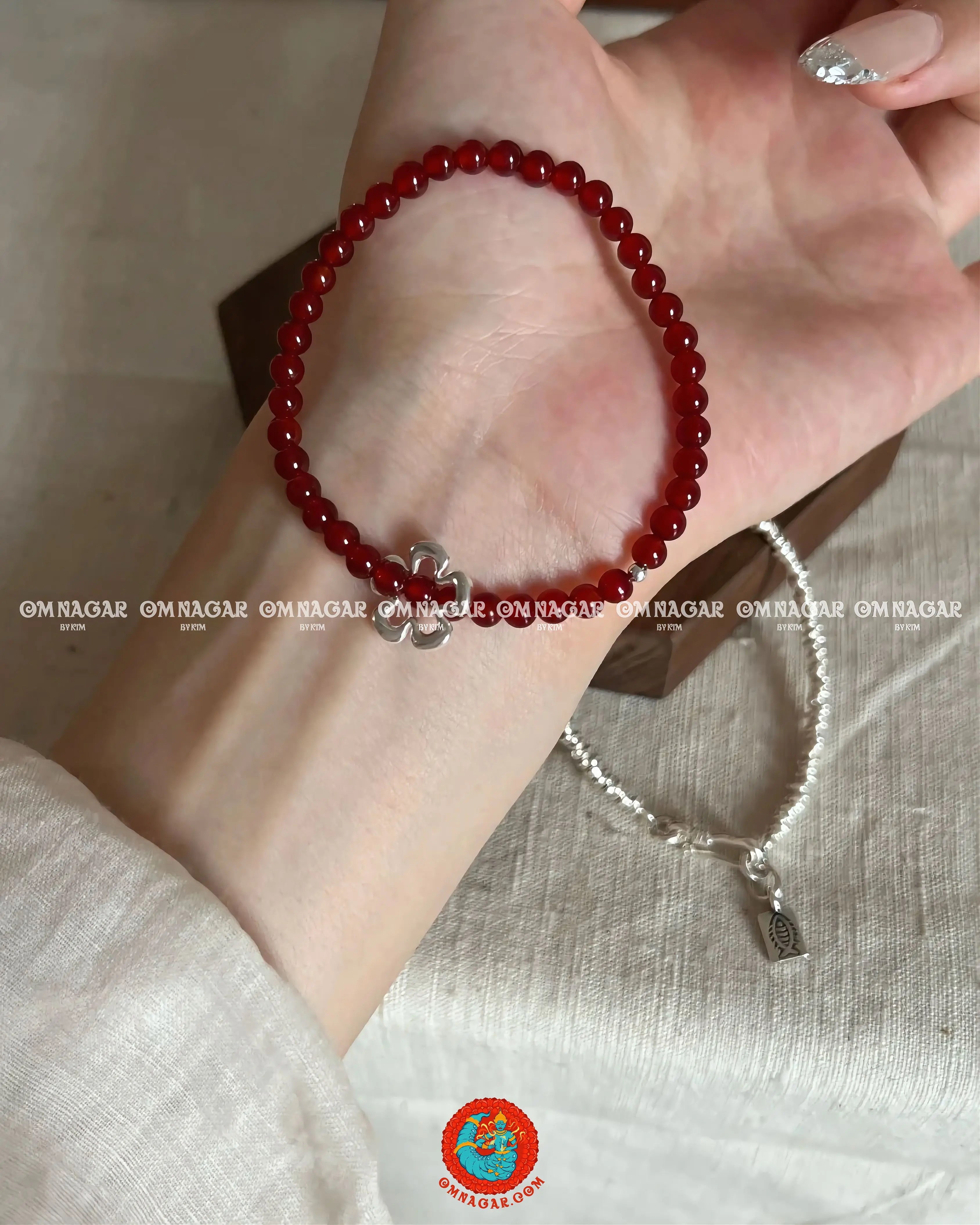 Red Agate & 925 Silver Flower Charm Bracelet – Passion & Protection