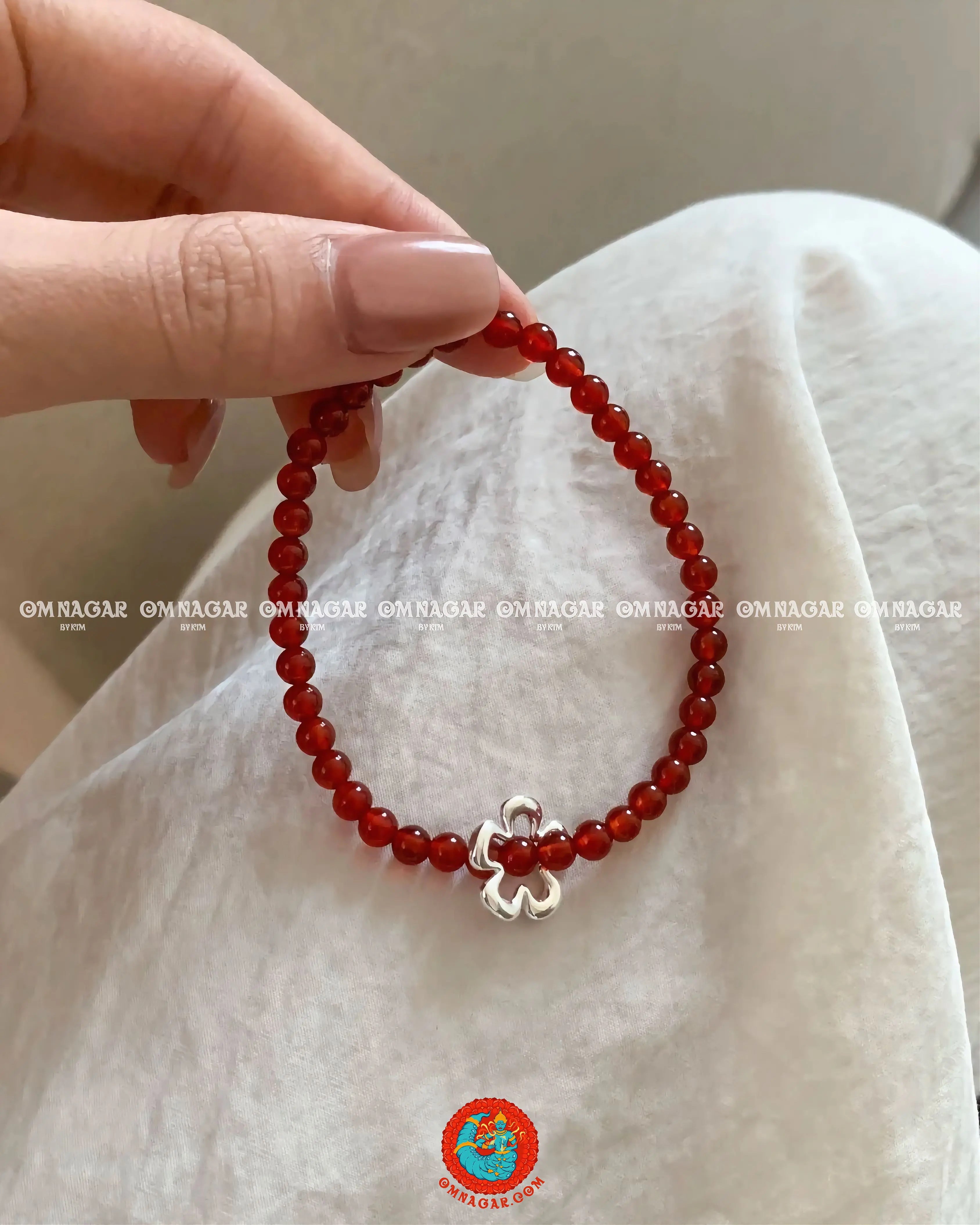 Red Agate & 925 Silver Flower Charm Bracelet – Passion & Protection