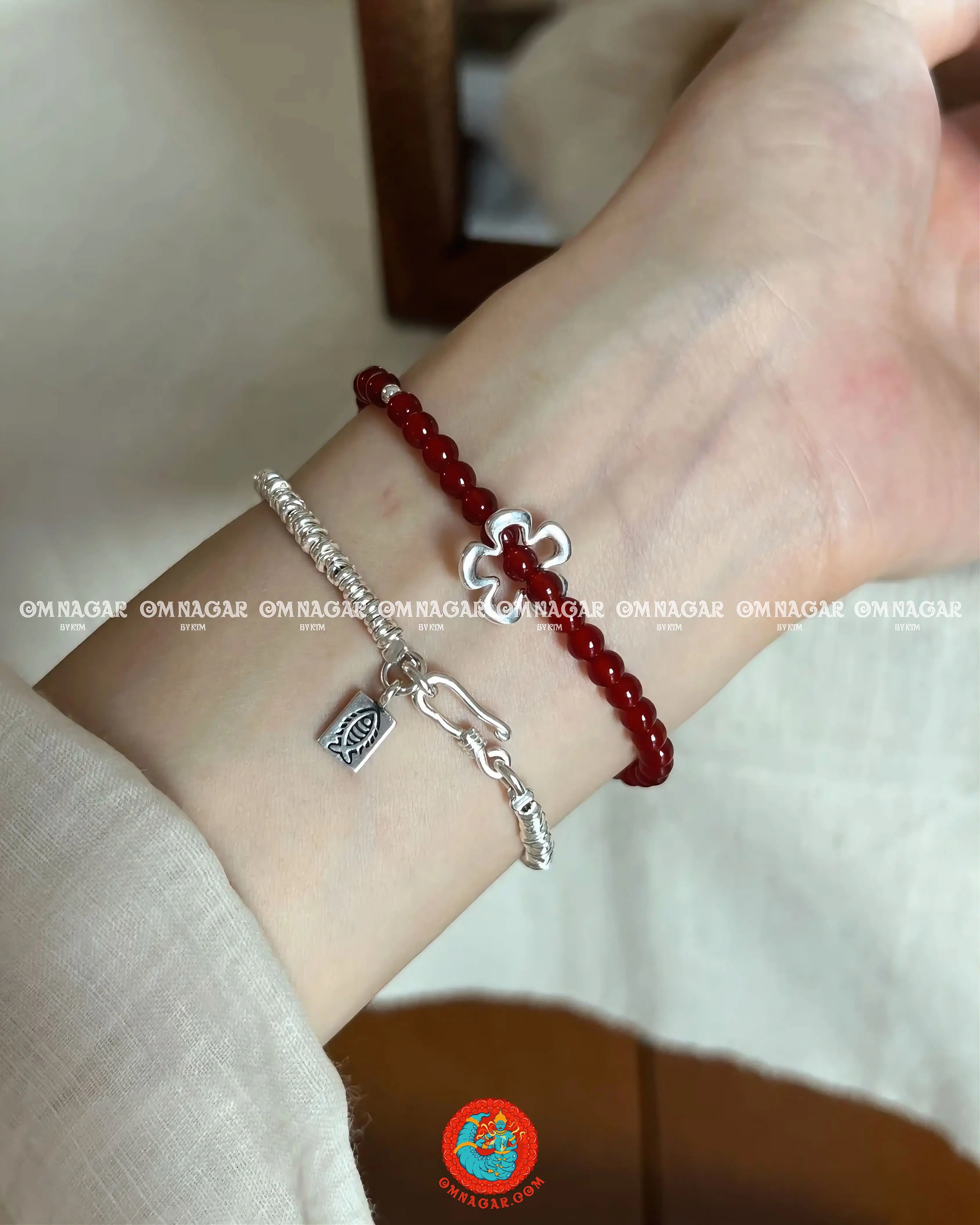 Red Agate & 925 Silver Flower Charm Bracelet – Passion & Protection